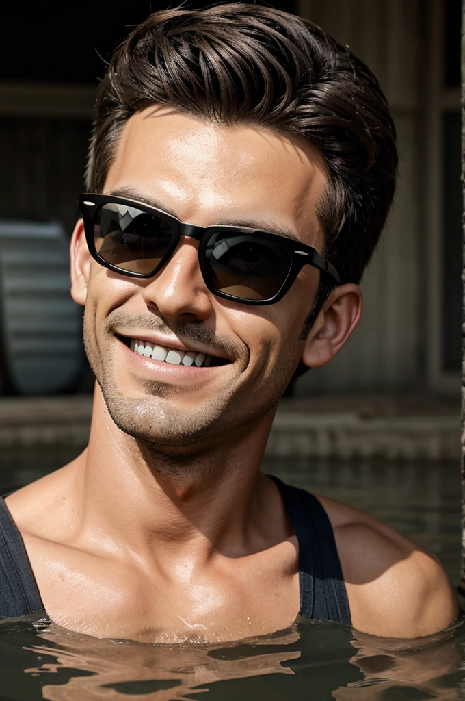 Generate an image of a sewage boy cunning smile with sunglasses cartoon but realistic