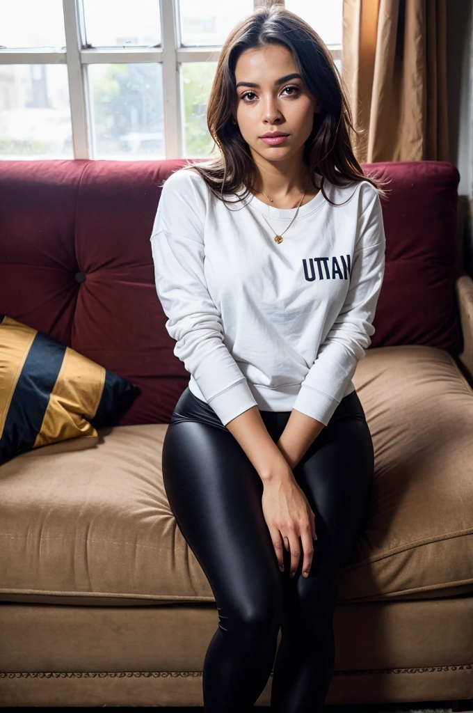 gorgeous young colombian woman, in her living room, on a sofa, wearing a legging and a sweatshirt, full body, beautiful face, masterpiece, best quality, ultra-detailed, solo, shadows, contrast, cinematic light, side lighting, ultra high resolution, best shadow, RAW, 4k, 85 mm, poca profundidad de campo, Kodak Vision Color, extrem adamente detallado, Cinematographer_(ultra), photorealistic, Realstic, Postproceso, Maximum details, asper eza, vida real, ultra realista, fotorrealismo, Cinematographer, 8k UHD, Cinematographer