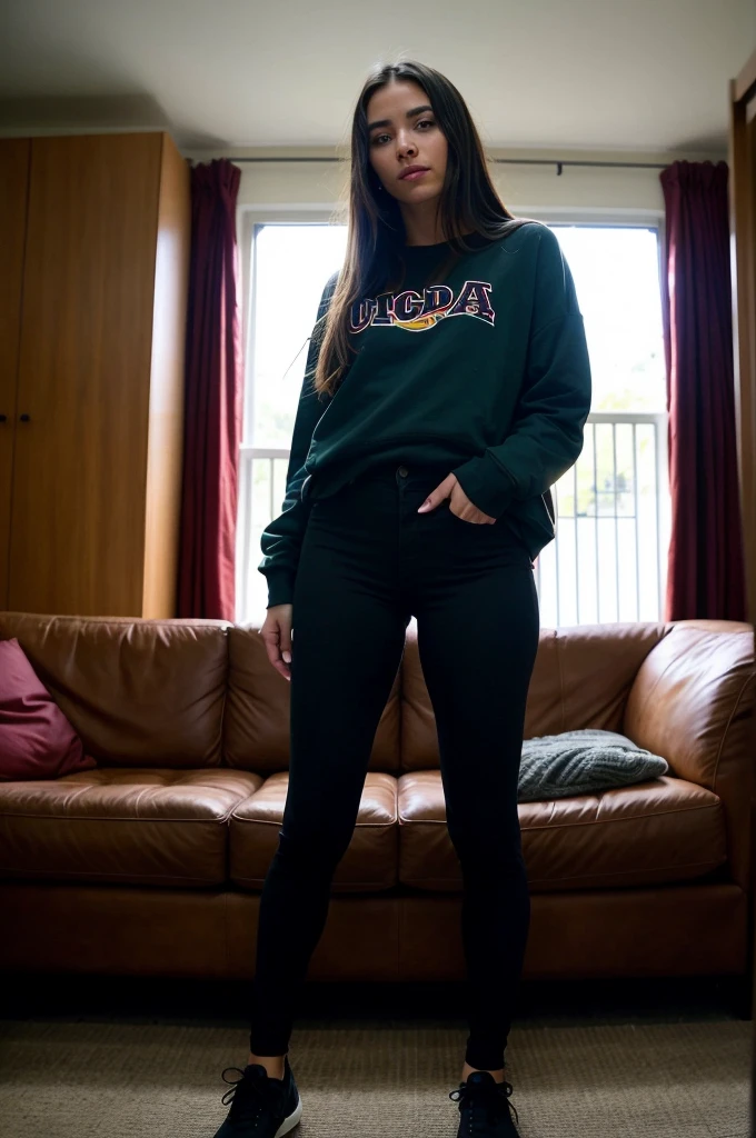gorgeous young colombian woman, in her living room, on a sofa, wearing a legging and a sweatshirt, full body, beautiful face, masterpiece, best quality, ultra-detailed, solo, shadows, contrast, cinematic light, side lighting, ultra high resolution, best shadow, RAW, 4k, 85 mm, poca profundidad de campo, Kodak Vision Color, extrem adamente detallado, Cinematographer_(ultra), photorealistic, Realstic, Postproceso, Maximum details, asper eza, vida real, ultra realista, fotorrealismo, Cinematographer, 8k UHD, Cinematographer