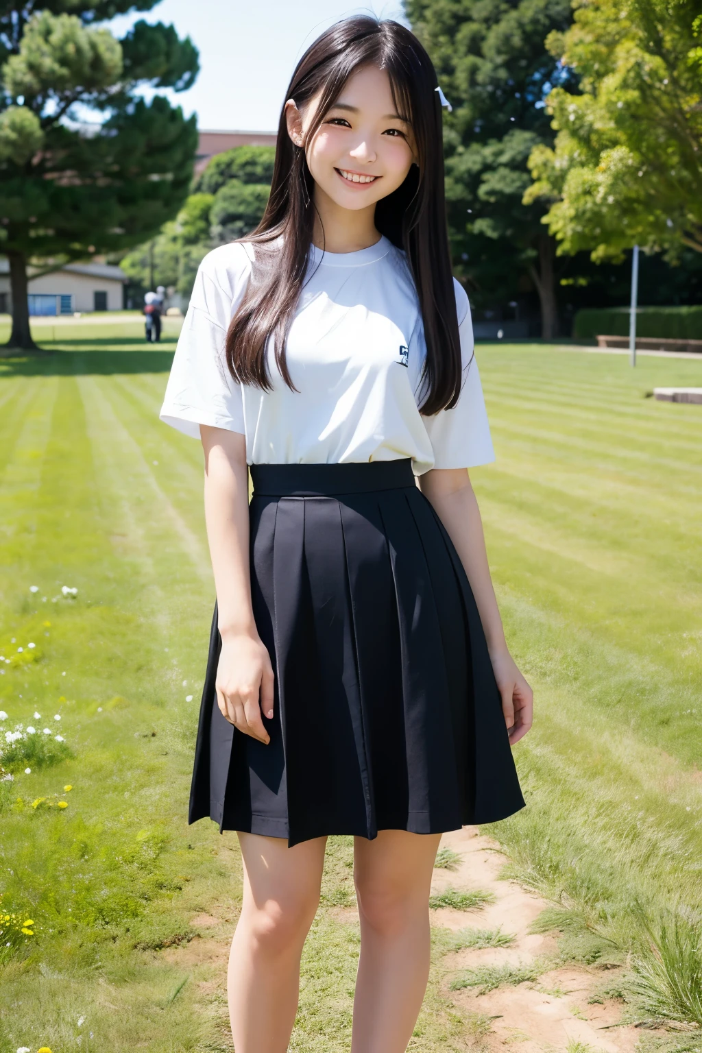 Standing near the field、Japanese high school girls、Long black hair、Smiling、Summer clotheini skirt、Full body portrait