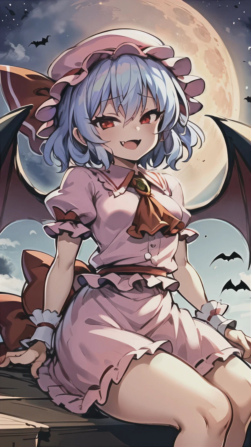 (masterpiece:1.2, highest quality), remilia_scarlet_touhou
sealing, sit astride, girl on top,
red_eyes, short_hair, bat_wings, wings, ribbon, hat, blue_hair, mob_cap, hair_between_eyes, hat_ribbon, bangs, smile, red_ribbon,
pink_headwear, puffy_short_sleeves, puffy_sleeves, red_moon, shirt, short_sleeves, sky, ascot, frilled_shirt_collar, frills, night_sky, open_mouth, pink_long_skirt, purple_hair, red_ascot, skirt, wrist_cuffs,