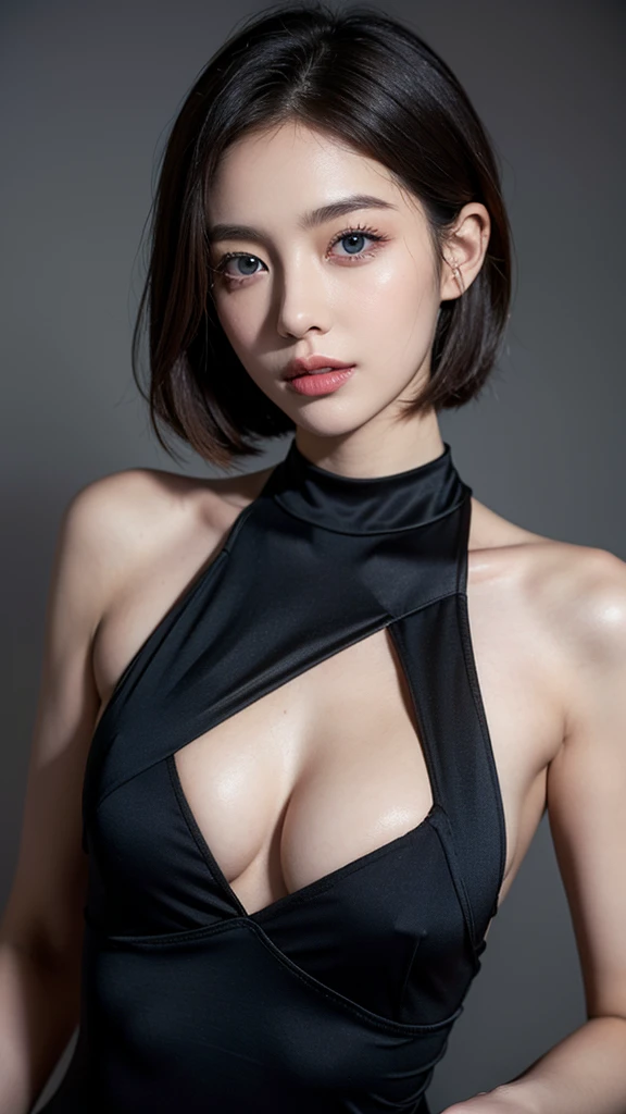 Skin Tight Black Top:1.2、looking at viewert、lighting like a movie、flawless、softlight、High resolution skin:1.2、realistic skin textures、lifelike face、30 year old mature woman、a small face、double eyelid、natural make up、off shoulders、Exposed cleavage、blue eyess、short-hair、dark brown hair、Bust B Cup、fullnude、The background is a gray photo screen