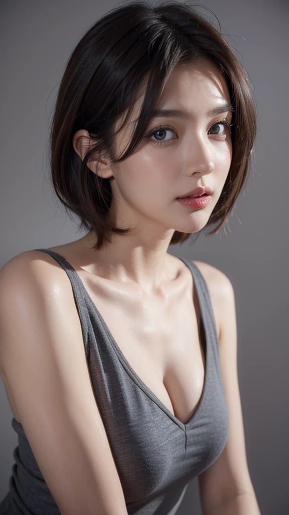 Skin Tight Black Top:1.2、looking at viewert、lighting like a movie、flawless、softlight、High resolution skin:1.2、realistic skin textures、lifelike face、30 year old mature woman、a small face、double eyelid、natural make up、off shoulders、Exposed cleavage、blue eyess、short-hair、dark brown hair、Bust B Cup、fullnude、The background is a gray photo screen