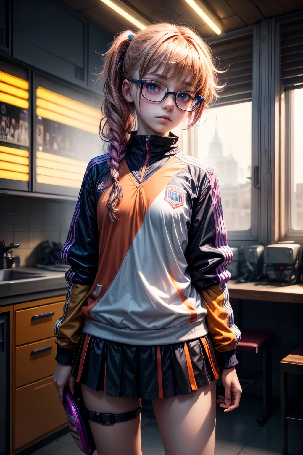 Masterpiece, 4k,8HD,artstation,8k, teenage girl,nerd,grasses,orange tied hair,blue eyes,sport,violet and pink american footboll uniforms,number seven,full body