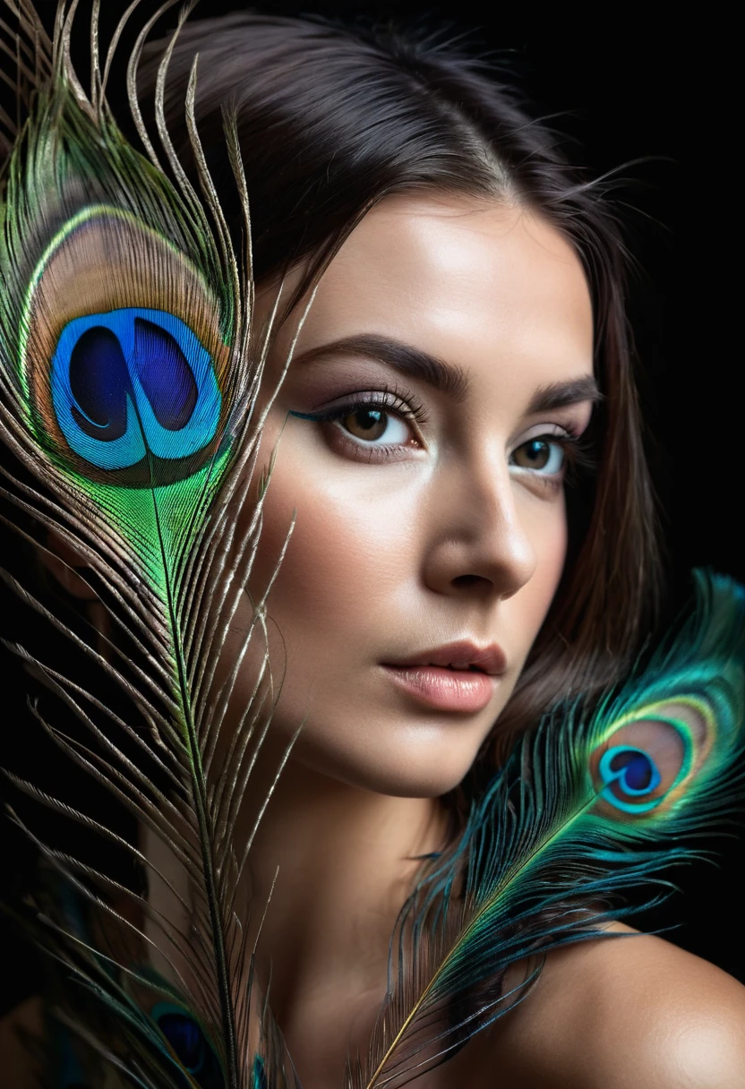 ultra clear raw photo of woman with a peacock feather, close up, dark background
