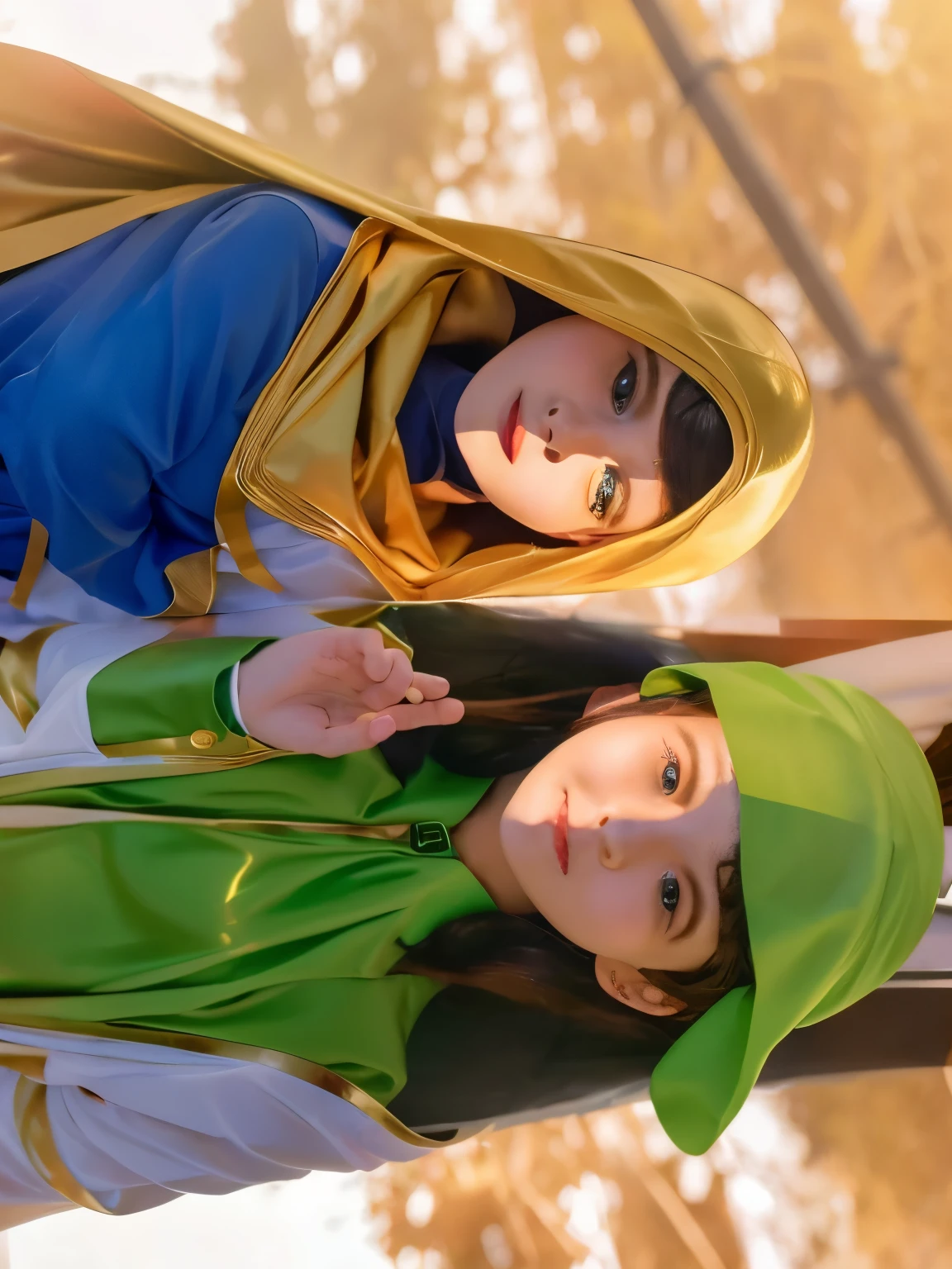 A veiled girl with a gold shawl and a boy in a green hat