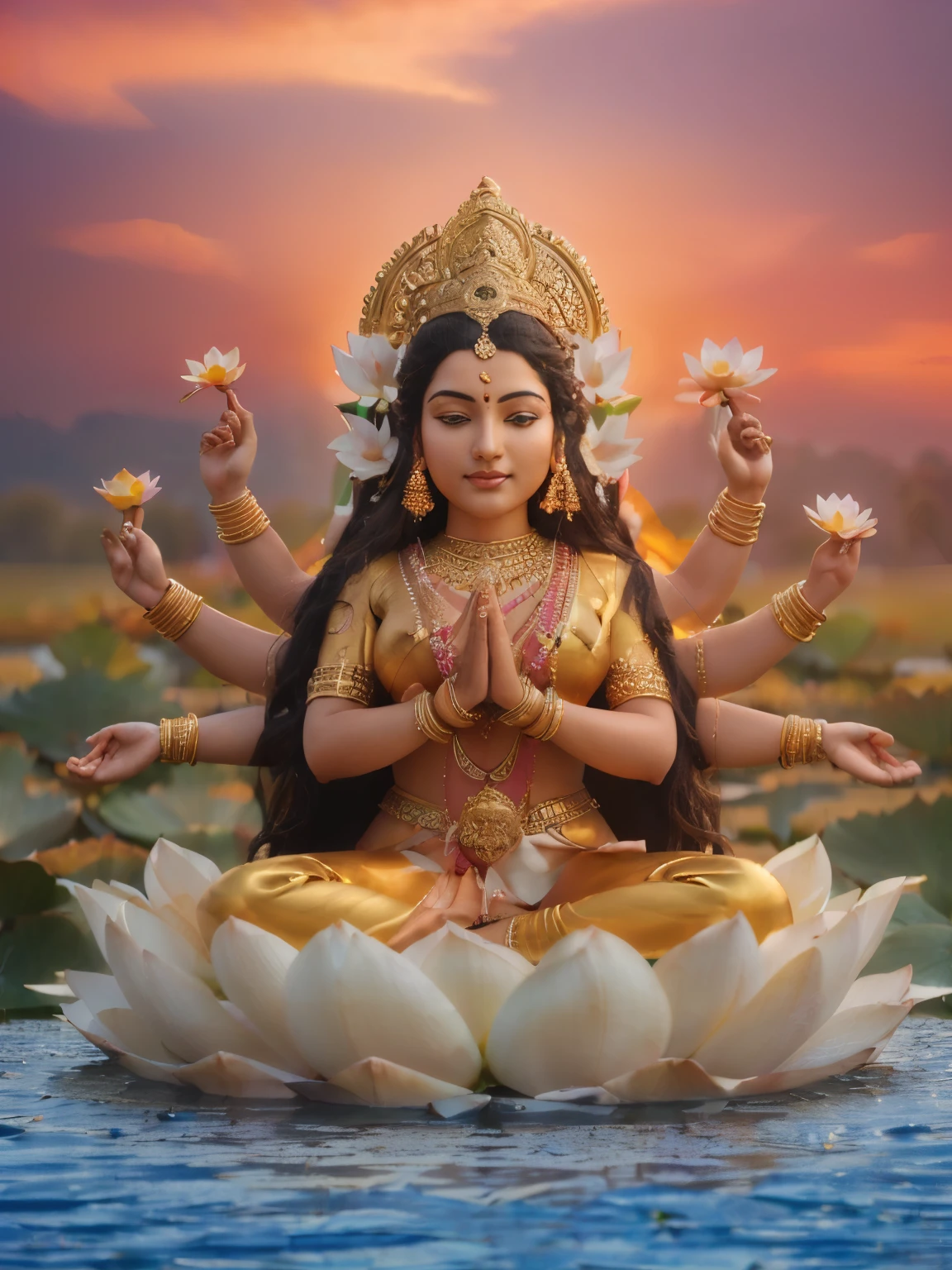 arafed image of a woman sitting on a lotus flower, indian goddess of wealth, hindu aesthetic, indian goddess, 3 d goddess portrait, hindu god, sitting on a lotus flower, with lotus flowers, hinduism, hindu stages of meditation, goddess of love and peace, extremely detailed goddess shot, hindu art, standing gracefully upon a lotus