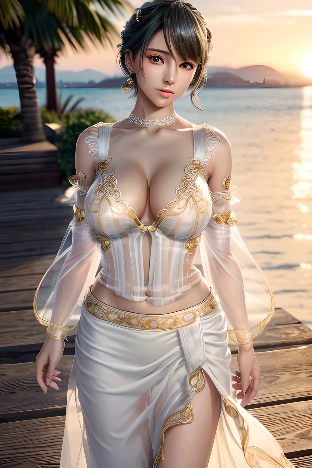 1girl,Tamaki,At sunset, the warm sunlight adds a golden hue to the scene. Wearing a flowing (white dress with transparent sleeves and a cinched waist: 1.4), blown by the breeze, and wearing earrings, she stands on the dock and looks at the sunset in the distance. The water is calm, with soft ripples, and the outline of the distant coastline can be vaguely seen in the background.(fashionable_Tattoos),(huge breasts),collarbone, cleavage,updo,Detailed Hair,(Tattoos),(masterpiece:1.5),( best quality:1.4), ultra-detailed,(((realisetic))),8K,{ (photorealistic:1.37),movie soft light,