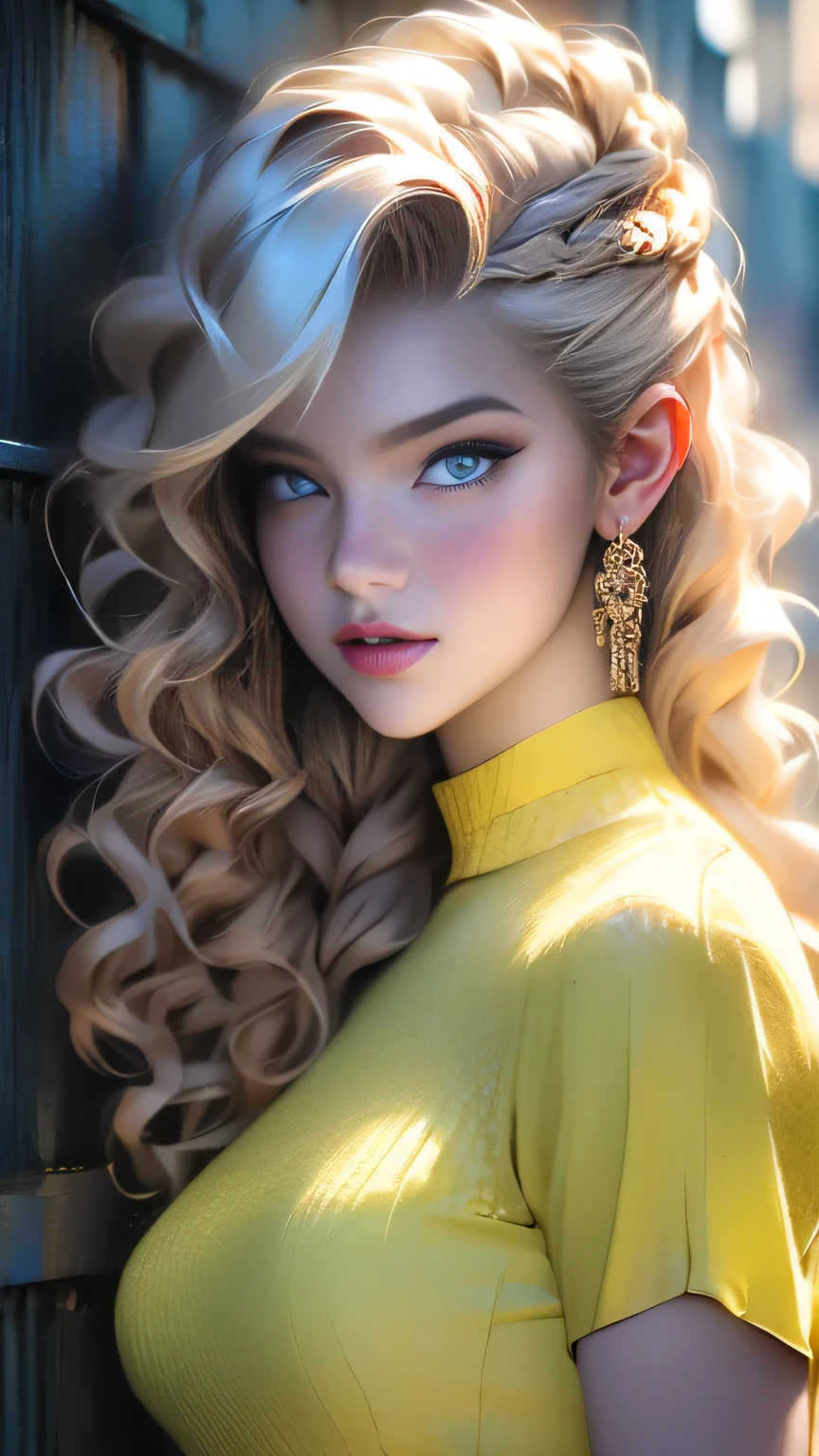 (Surreal), (picture), (High resolution), (In 8K), (Very detailed), (Best Illustration Photos), (Beautiful and fine details), (Highest quality), (Ultra-detailed), (masterpiece), (wallpaper), (Detailed face), solo, One Girl, White Wavy Hair, Korean Beauty, iridescent heterochromatic eyes, Loose fitting light blue and yellow check shirt, Blue and yellow maid outfit, Long legs, Toned Abs, stockings、((Curly hair in braids、good1))、(Upper body portrait)