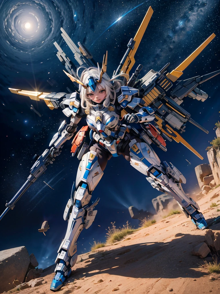 masterpiece,top-quality,Ultra-detail,very detailed illustration,ighly detailed,intricate-detail,hight resolution,super complex details,Highly detailed 8k CG wallpapers, mecha musume, machine components, Robot Joint, head gear, 1girl in,solo, mecha musume, red blush,is standing,cowboy shot, starryskybackground, Background with, Shining black metallic armor、Symmetrical Full Armor、Symmetrical mechanical wing、Funnel mounting、highleg, A smile,Being in the air、are flying、Holding a beam rifle and firing in flight、Sniping with a beam rifle in flight、