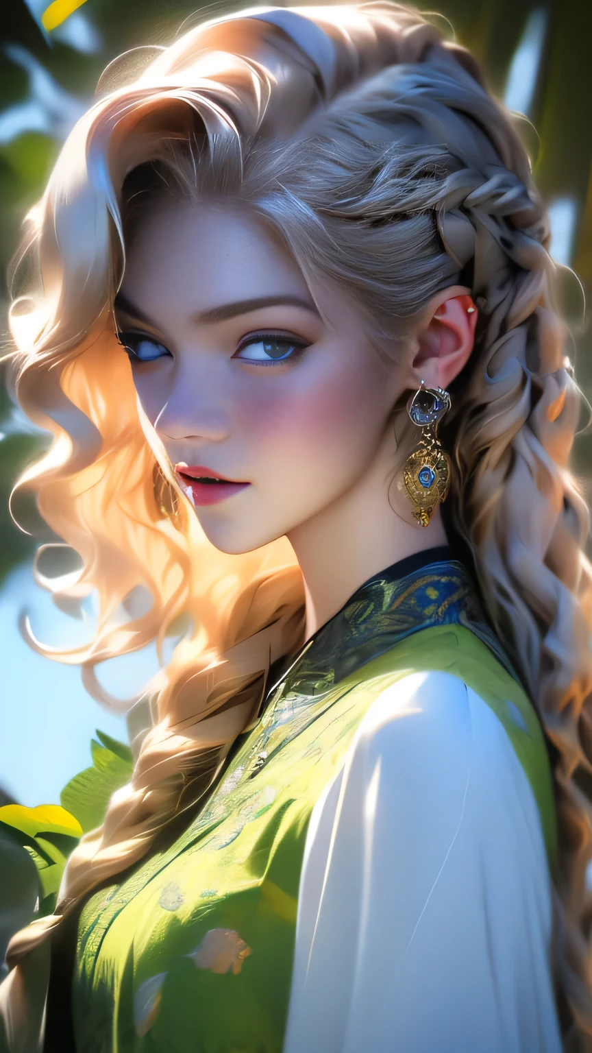 (Surreal), (picture), (High resolution), (In 8K), (Very detailed), (Best Illustration Photos), (Beautiful and fine details), (Highest quality), (Ultra-detailed), (masterpiece), (wallpaper), (Detailed face), solo, One Girl, White Wavy Hair, Korean Beauty, iridescent heterochromatic eyes, Loose fitting light blue and yellow check shirt, Blue and yellow maid outfit, Long legs, Toned Abs, stockings、((Curly hair in braids、good１))、(Upper body portrait)