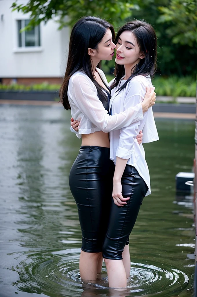 2 girls lesbians kissing, pencil skirt standing in the water, wet look, she is wearing a wet coat, on a wet streets, pretty girl standing in the rain, dressed as , charli bowater,  pencil skirt, wearing atsuko kudo latex outfit, soaked, charli xcx, wearing shirt, grin, shirt and tie, soaked, drenched, wet clothes, dripping wet, dripping oil, wet hair