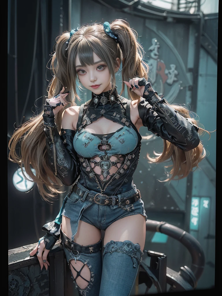 (Full Body View:1.2)、(Full body:1.3)、(Smiling with teeth showing:1.4),(Shibuya Gal:1.5)、(Gothic Lolita style fashion:1.5)、(Punk RockVisual Kei:1.5)、(Wearing a rhythmic gymnastics bodysuit with intricate details:1.4)、(Racing suit and pants with intricate turquoise, denim and charcoal decorations:1.5)、(Denim and light blue and turquoise boots:1.3)、((belt))、(Numerous delicate logo marks all over the costume:1.4)、(collar:1.3)、(Polka dot underwear:1.5)、20-year-old、NSFW、((Highest quality、In 8K、masterpiece:1.3))、Sharp focus:1.2、(Layered Cut、Huge boobs:1.1),Beautiful woman with perfect figure:1.4、(Doing a ballerina pose:1.3)、Slender Abs:1.2、Highly detailed face and skin texture、Detailed eyes、double eyelid,(Twin tails:1.3)、(Brown-golden hair:1.3)、Gravure idol、(The background is the stage of the fashion show:1.3)、(Slim body:1.3),(Make your legs thinner:1.4),（clavicle:1.1）