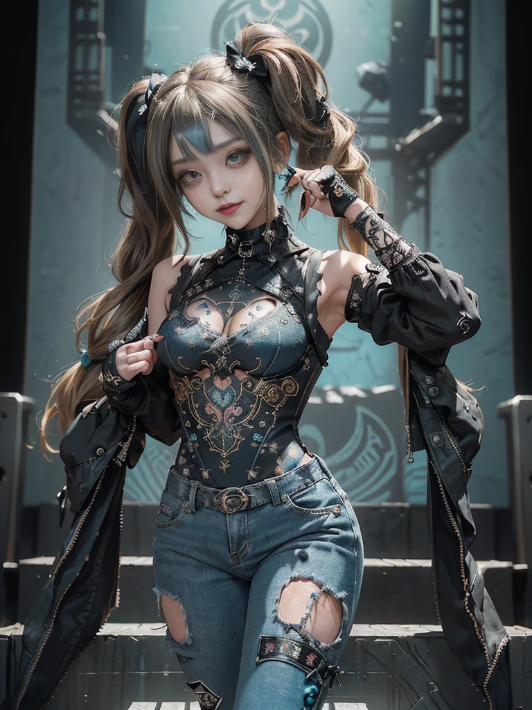 (Full Body View:1.2)、(Full body:1.3)、(Smiling with teeth showing:1.4),(Shibuya Gal:1.5)、(Gothic Lolita style fashion:1.5)、(Punk RockVisual Kei:1.5)、(Wearing a rhythmic gymnastics bodysuit with intricate details:1.4)、(Racing suit and pants with intricate turquoise, denim and charcoal decorations:1.5)、(Denim and light blue and turquoise boots:1.3)、((belt))、(Numerous delicate logo marks all over the costume:1.4)、(collar:1.3)、(Polka dot underwear:1.5)、20-year-old、NSFW、((Highest quality、In 8K、masterpiece:1.3))、Sharp focus:1.2、(Layered Cut、Huge boobs:1.1),Beautiful woman with perfect figure:1.4、(Doing a ballerina pose:1.3)、Slender Abs:1.2、Highly detailed face and skin texture、Detailed eyes、double eyelid,(Twin tails:1.3)、(Brown-golden hair:1.3)、Gravure idol、(The background is the stage of the fashion show:1.3)、(Slim body:1.3),(Make your legs thinner:1.4),(clavicle:1.1)