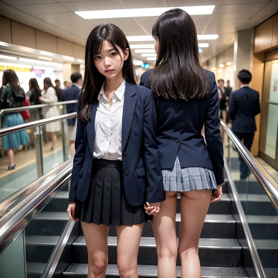 ((Highest quality)), ((masterpiece)), (Familiar), A high school girl riding an escalator on her way to school、Glare、Navy Blazer、mini skirt、Navy blue socks、Back view、Photo secrets、(真From belowの眺め)、Navy blue socksのクローズアップ、mangaコマ割り、mangaスタイル、manga、Station Escalator、Everybody line up on the left、顔のみのコマとBack viewのコマ,(From below:0.1),(I can see the pussy line:1.3)