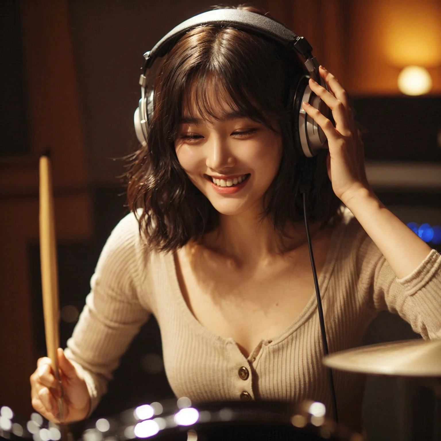 a young korean woman playing drum in a recording studio. She is wearing large headphones. she has a joyful expression on her face, medium chest, wavy bob hair, fully immersed in the music. conveying the emotion and intensity of her performance. The background is dimly lit, focusing the attention on her. Describe the atmosphere, the emotions