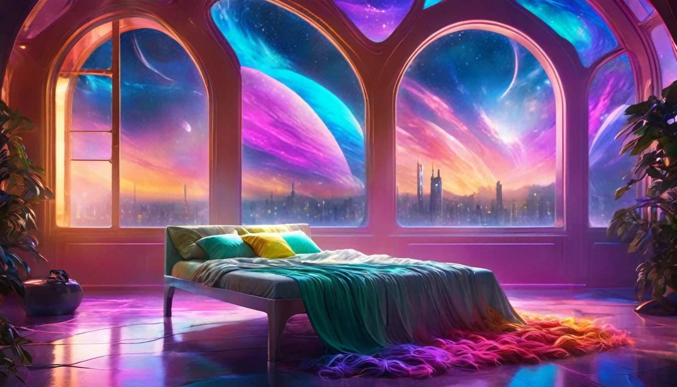 {{masterpiece}}, best quality, Extremely detailed CG unified 8k wallpaper, Movie Lighting,Futurism， A woman sleeping in bed，Sleep with eyes closed，Huge window behind， A quiet night. , Multi-colored hair, (Colorful hair:1.5),