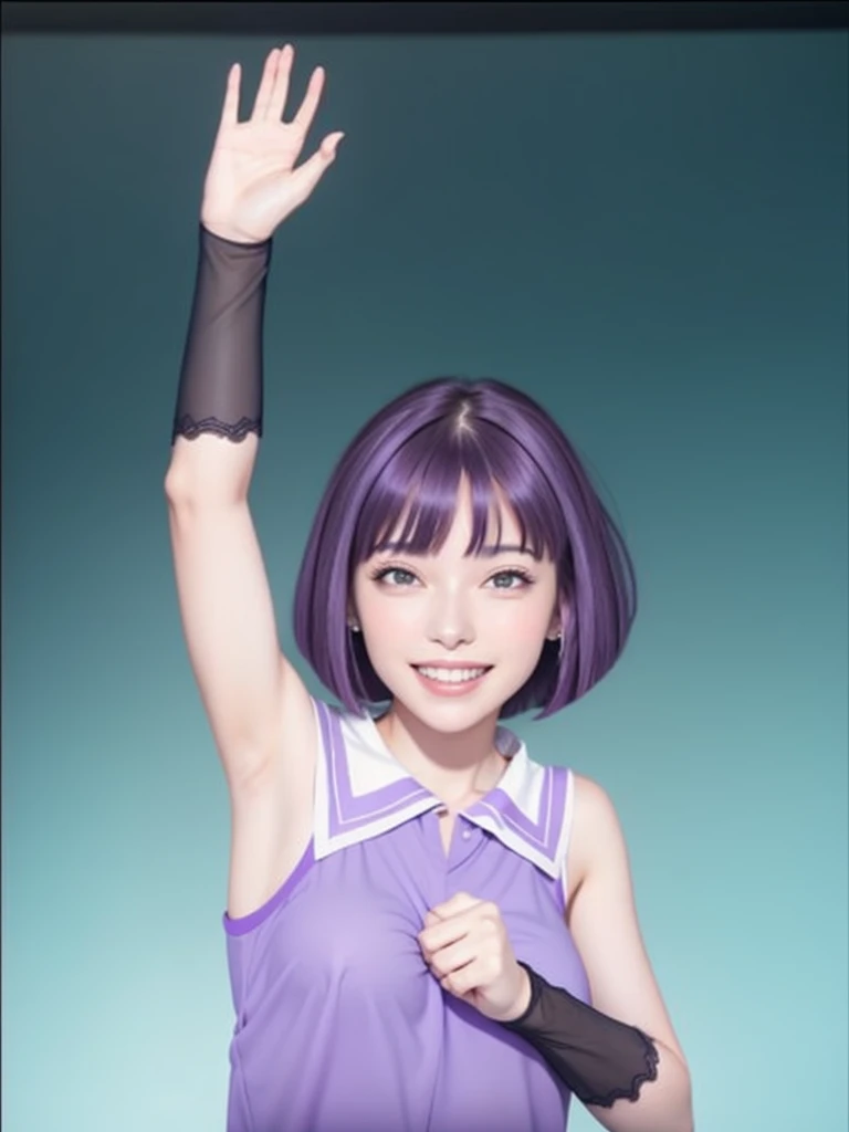 A beautiful girl, high quality, real details, color details, face details, eyes details, intricate details, smile face, smooth glowing skin, 3D image, medium contrast, cinematic lighting, realistic, masterpiece, 8K, thin face, front bangs hair, long hair with purple color, purple eyes, smiling , pink mouth, a girl with a purple sleeveless shirt, large breast size, 1 arm up, 5 fingers, showing armpits, smooth armpit