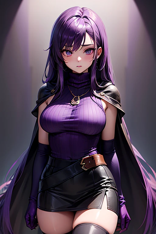 masterpiece, Highest quality, Unreal Engine, Super Resolution, Very detailed,
1 Girl, Expressionless girl, malaria, Quiz Magic Academy, ((Purple long hair:1.8)), blue eyes, length, ((Narrow eyes)), Waist, thin, (Muscular:0.8), Big Breasts, bold, Lips parted, Observe the audience,
Are standing, Sexy pose, Cowboy Shot,
Magic Class, Simple background anime style, Key Visual,
malaria, ((Purple Dress)), ((Black Linen Skirt)), (Black Short Cape), (((Pink turtleneck net suit))), ((Pink long gloves)), Black long boots, Sticky with sweat,
