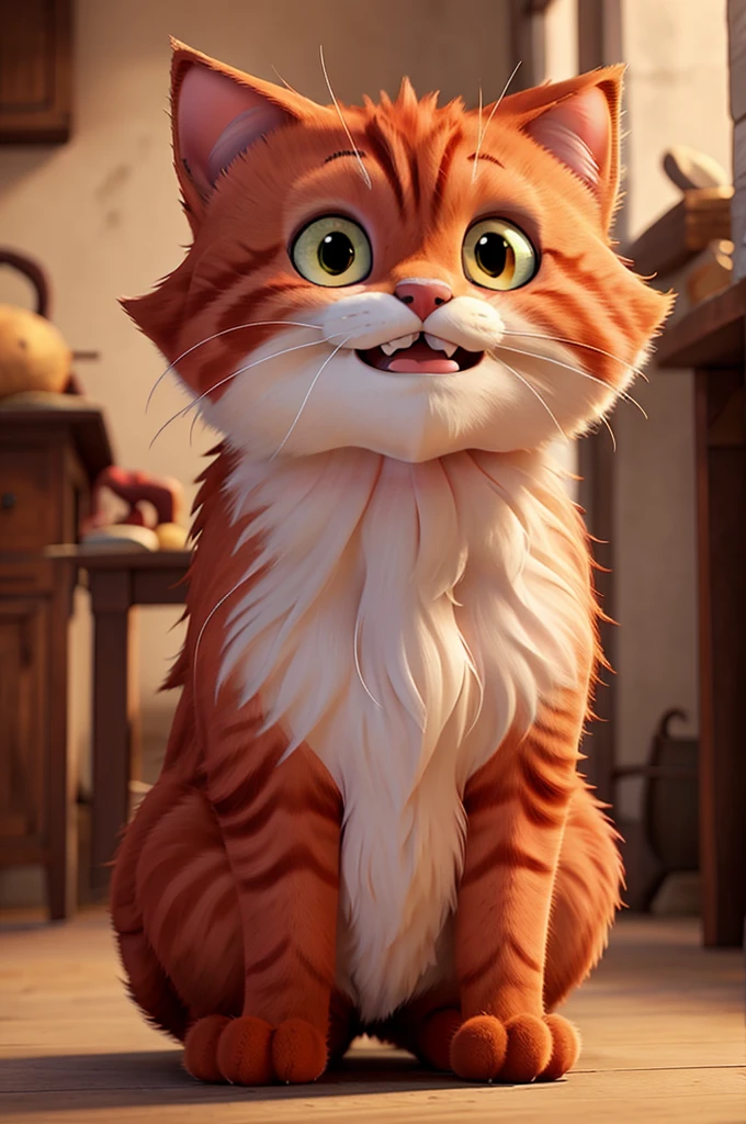 Red fluffy cat with teeth