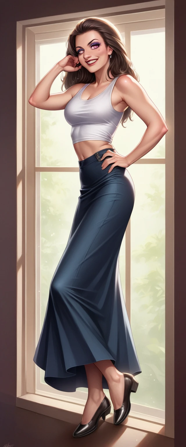 full body shot of (woman Sitting on a window sill in a flowy maxi skirt and tank top. small smiling), (detailed realistic face), (((hyperdetailed))), zoomed out, symmetrical face, detailed pupil, expressive eyes, Casey Baugh, Michael Garmash, Sophie Anderson, hasui kawase, makeup, real photography, modern look, Real photography (Realistic:1.5) nudes , big boss exposet are, big boss exposet are, big boss exposet are 