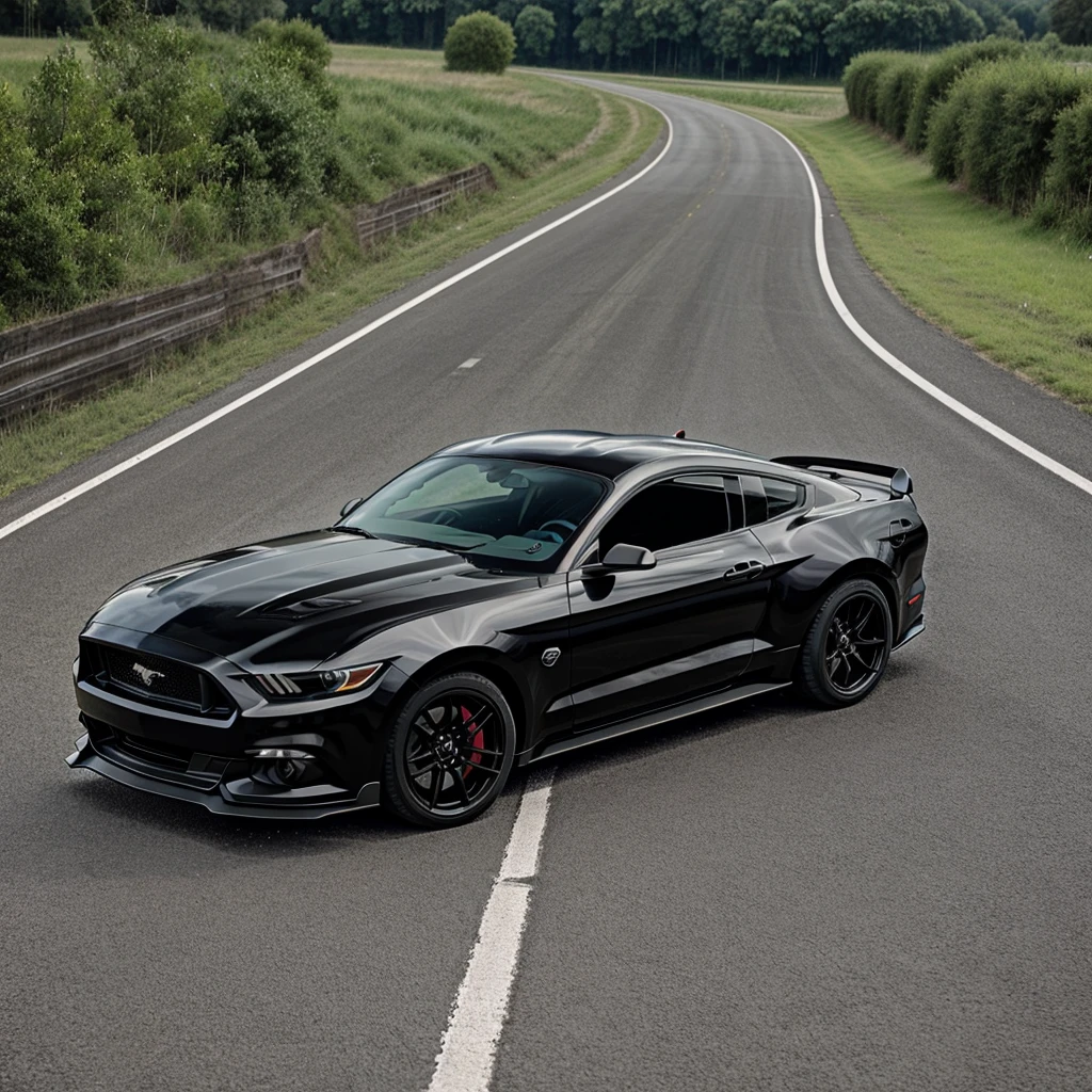 Full modified black colour Ford Mustang with a rider in road with full speed