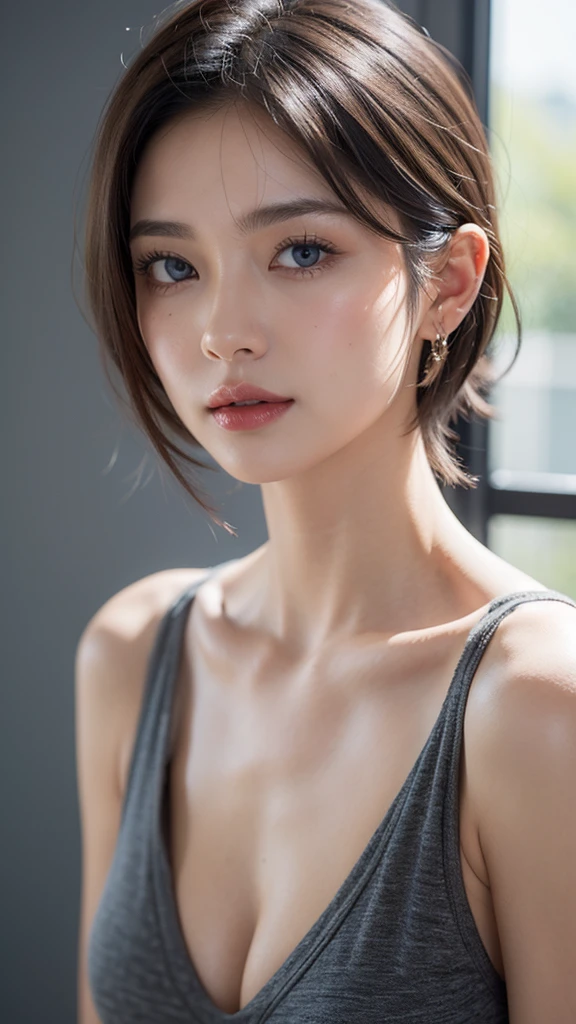 Skin Tight Black Top:1.2、looking at viewert、lighting like a movie、flawless、softlight、High resolution skin:1.2、realistic skin textures、lifelike face、30 year old mature woman、a small face、double eyelid、natural make up、off shoulders、Exposed cleavage、blue eyess、short-hair、dark brown  hair、Bust B Cup、fullnude、The background is a gray photo screen