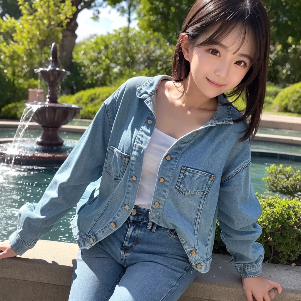 HD detailed, Super detailed, Realistic,Hyperrealism,Best image quality、Highest quality、masterpiece、Ultra-high resolution、8K、immature、Like the picture:1.5、Professional Lighting、Park fountain、Young Japanese Woman,Small face、Stylish、、Slender、、A kind smile、Wear a button-up denim long-sleeve shirt and jeans、Soaked clothes、Damp clothes、View from the side