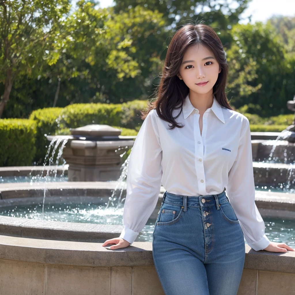 HD detailed, Super detailed, Realistic,Hyperrealism,Best image quality、Highest quality、masterpiece、Ultra-high resolution、8K、immature、Like the picture:1.5、Professional Lighting、Park fountain、Young Japanese Woman,Small face、Stylish、、Slender、、A kind smile、Wear a button-up denim long-sleeve shirt and jeans、Soaked clothes、Damp clothes、View from the side