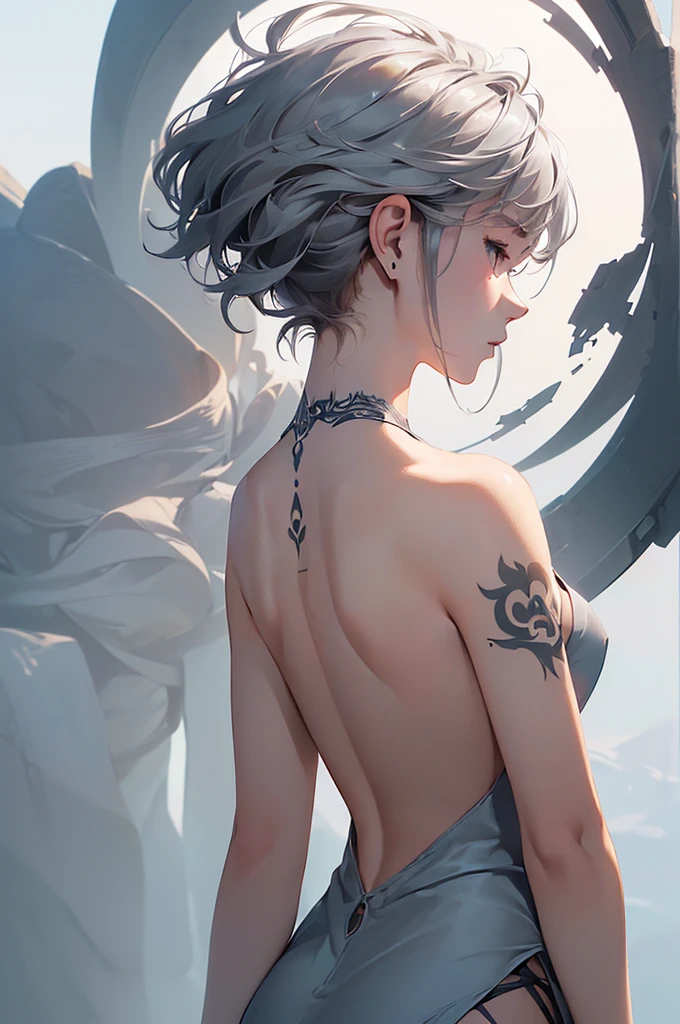 Avant-garde art(Image from chest up:1.4)((masterpiece:1.5,Highest quality,Beautiful images、Realistic、3d、Artistic))(1girl, 独奏)(medium breasts, Silver Hair、short hair、Beautiful cleavage、sideboob、Exposing shoulders、Tattoo on shoulder)(Profile portrait,Gaze sideways、Gaze diagonally、Shake your head、Smile, floating hair)(Monotone Abstract Background)((from backside:1.3))((Monotone costumes))