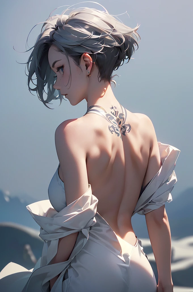 (Image from chest up:1.4)((masterpiece:1.5,Highest quality,Beautiful images、2.5D、Abstract、Artistic、Portraiture))(One girl, solo)(medium breasts, Gray Hair、short hair、Beautiful breasts、Expose your shoulders、Shoulder Tattoo)(profile、Look at an angle、shake your head、Sad look, Floating Hair)(Plain background:1.5)((from backside:1.5)),landscape