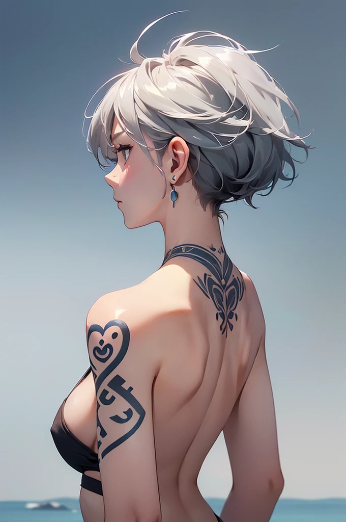 (Image from chest up:1.4)((masterpiece:1.5,Highest quality,Beautiful images、2.5D、Abstract、Artistic、Portraiture))(One girl, solo)(medium breasts, Gray Hair、short hair、Beautiful breasts、Expose your shoulders、Shoulder Tattoo)(profile、Look at an angle、shake your head、Sad look, Floating Hair)(Plain background:1.5)((from backside:1.5)),landscape
