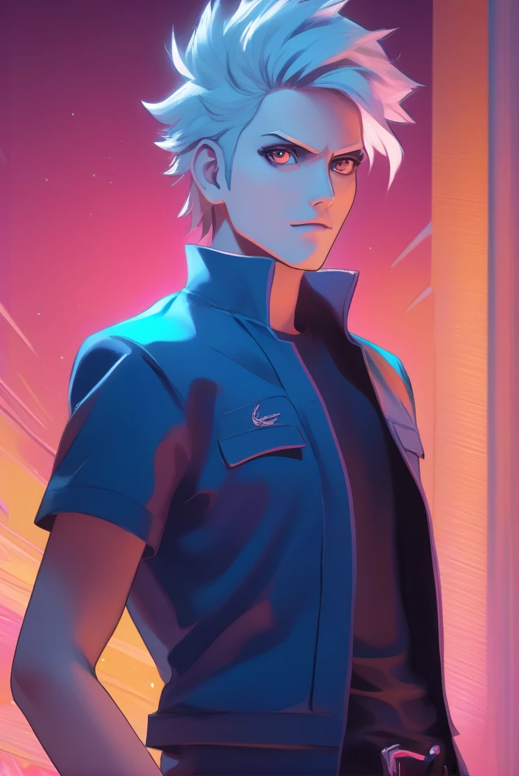 Anime-style 2.5D portrait with a pastel oil painting effect Boruto + Michael Jackson cinematic vibrant neon lighting, close-up on a character with detailed shaven head backdrops, piercingly detailed mel big eyes with bright pupils, portrayed in a dynamic pose, full-body with a sultry aesthetic, viewed from a dynamic profile angle gazing at the viewer, wearing a detailed Lacoste T-shirt with a rocker man personification, wearing