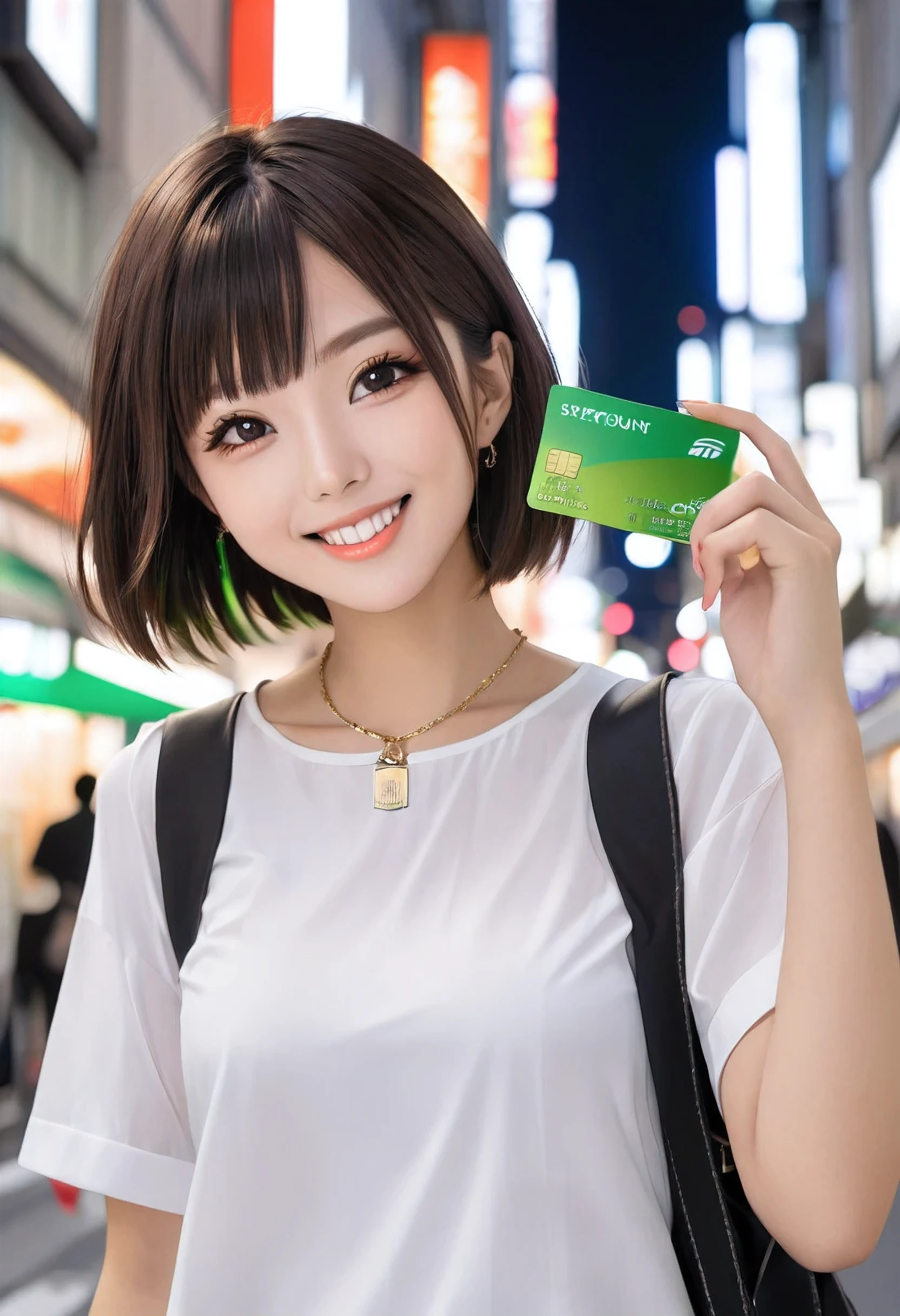 A hyper-realistic quality photo of a Japanese female college student with a K-pop idol style. She is wearing a white blouse and holding a plain green credit card in her right hand. The background is the streets of Ginza. She is smiling.