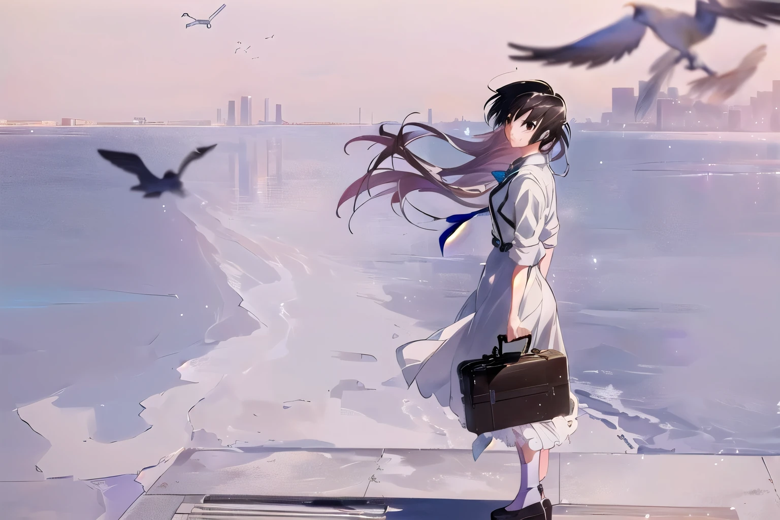 anime girl with a suitcase and birds flying in the background, in style of makoto shinkai, style of makoto shinkai, makoto shinkai style, makoto shinkai art style, anime girl walking on water, by Shingei, inspired by Makoto Shinkai, ( ( makoto shinkai ) ), kantai collection style, 4 k manga wallpaper