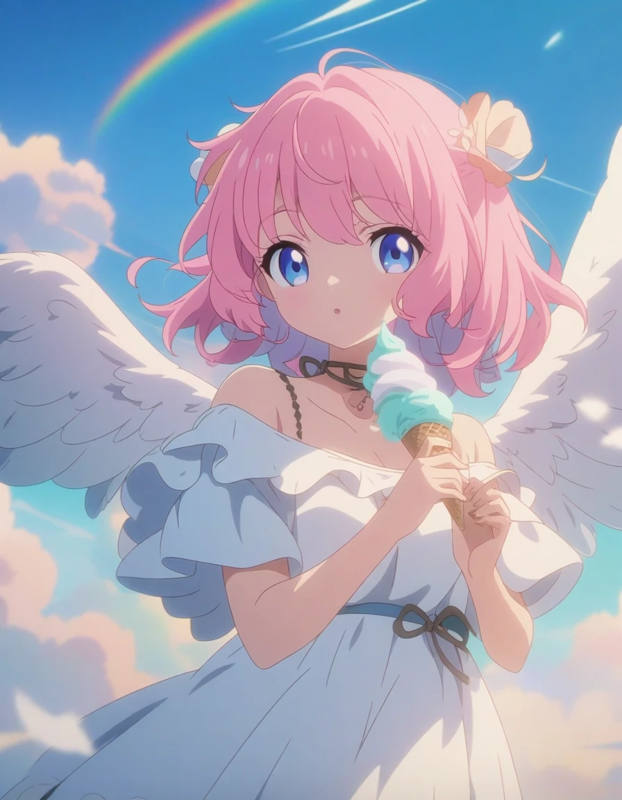 Pink hair and angel wings、Beautiful woman holding ice cream, Anime Style 4k, Fluffy pink cartoon cloud, Anime Art壁紙 4k, Anime Art