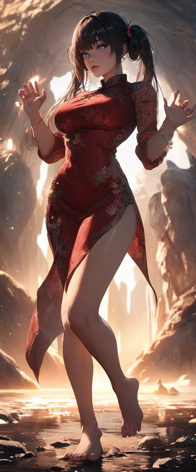 Photo of a woman with natural skin, Seaside cave, The light is shining in, High Twintails, Black hair with red mesh, Sharp eyes with red eyeshadow, Blue-green eyes, Shining eyes, A thin, upturned nose, Well-shaped lips, Big Breasts, ((China dress)), barefoot, Makeup, Exquisitely crafted with the utmost attention to detail, Vibrant, amazing, Smooth, Cinematic, 4K, Backlight, (()), Shallow depth of field, ((Detailed eyes:1.3, Detailed lips:1.3, high quality, )), masterpiece, Super detailed images, High quality