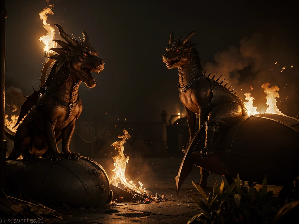 a three-headed dog breathing fire like a dragon in a castle full of zombies