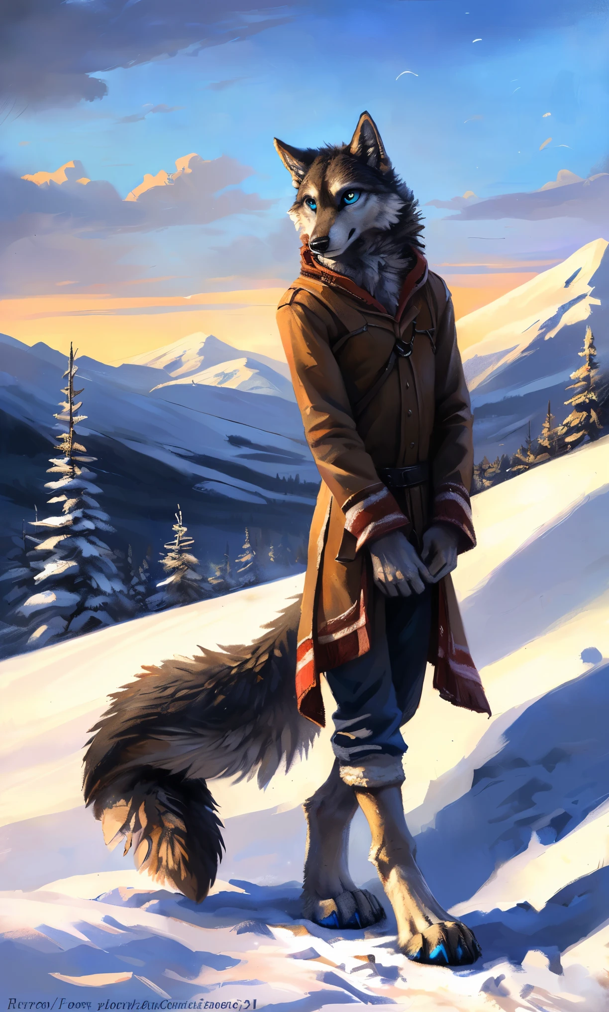 ((Solo)), male people, anthro wolf, (Multi-colored fur, White-brown:1.3，White tail pointed), (Height 2.1m,Tail length 1.2m), ((Wolf face, Big eyes, White eyelids, Blue pupil, Slim:1.2) (Tough, Calm expression:1.2)), Slim, pinging)), (Correct anatomy), (Winter clothing:1.1), The upper body  naked, (detailed outfits),A long big tail，Feet，(Realistic fur, Detailed fur texture, labeled:1.3)), (Natural lighting), Photorealistic, Hyperrealistic, ultradetailed, by Kenket，Snowfield，erect through，Running on
