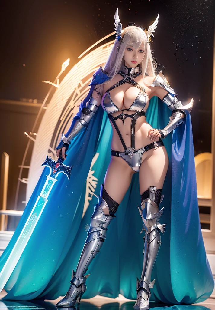 Super Detail, High Detail, high quality, best quality, High resolution,a robot valkyrie,Beautiful female robot,beautiful clear face(Rain waves_haneame:1.5)(Transparent face mask covering),Mechanical body(Smooth metal surface,armor,Mechanical seams of skin,beautiful body curves),Valkyrie Armor(Mechanical Technology,Highlight breast contour),beautiful body curves,Holding a silver sword in hand,handsome pose