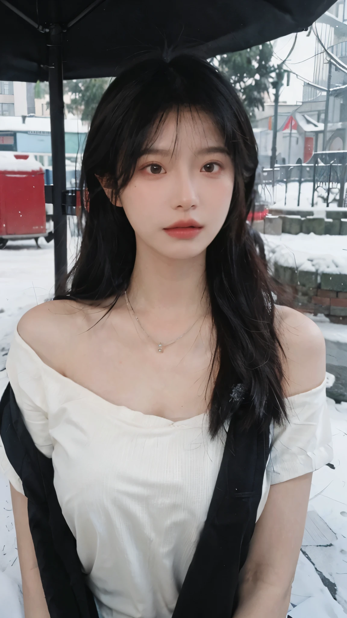 Portrait photography，1 girl，snow，Snow Scene，Heavy makeup，Bare shoulders，Lipstick，(Big breasts:1.4)，Shoulder-Length Wavy Hair，Wear a necklace，scarf，Earring short sleeves，serene，calm，(Realistic and detailed eyes，Natural skin texture，Realistic facial details)，whole body：1.4，