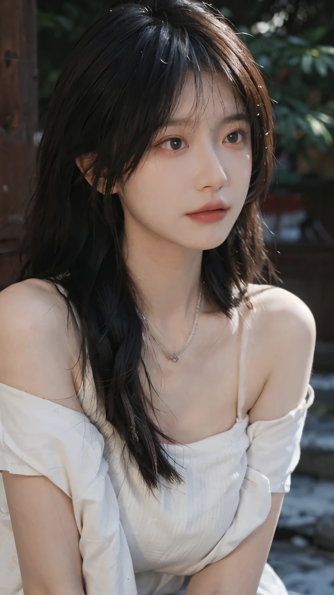 Portrait photography,1 girl,snow,Snow Scene,Heavy makeup,Bare shoulders,Lipstick,(Big breasts:1.4),Shoulder-Length Wavy Hair,Wear a necklace,scarf,Earring short sleeves,serene,calm,(Realistic and detailed eyes,Natural skin texture,Realistic facial details),whole body:1.4,