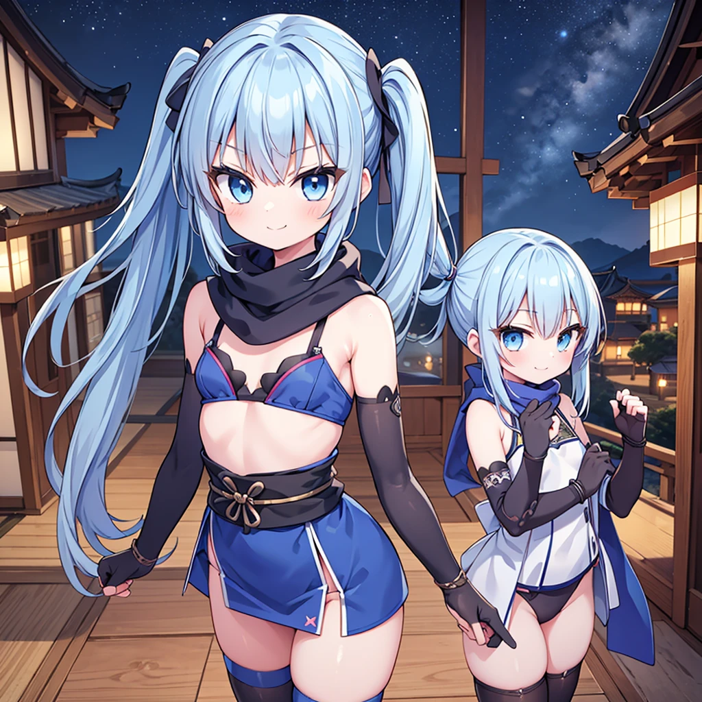 Masterpiece, best quality, ultra detailed, extremely detailed,1girl, evil smiling, looking at viewerery,flat chest,blue hair,twintails,middle hair,sky blue eyes, (((petite))), slim thighs, bule ninja, japanese_clothes, ninja_clothes, ,scarf, elbow gloves, thighhighs, architecture, indoors, east asian architecture, night sky