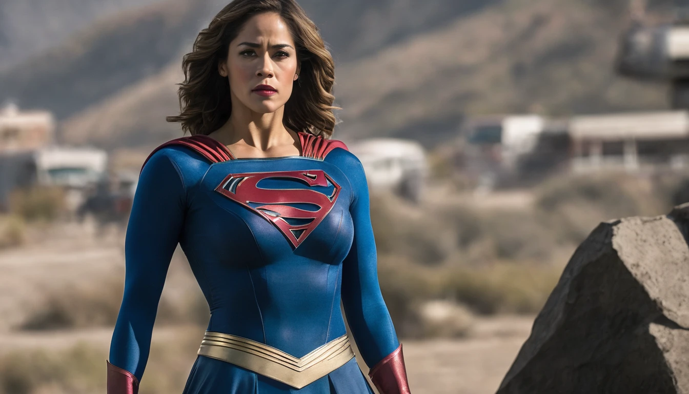Crossed arms; trusting; ready for battle; Paula Patton Supergirl 1984s movie costume;  HD. Photograph, ((realism)), extremely high quality RAW photograph, ultra detailed photograph, sharp focus, high resolution, (detailed skin:1,3),high quality, film grain, Fujifilm XT3,Highly Detailed, movie, (Cinematic Photo:1.3) of (Realistic:1.3). Super breasts.