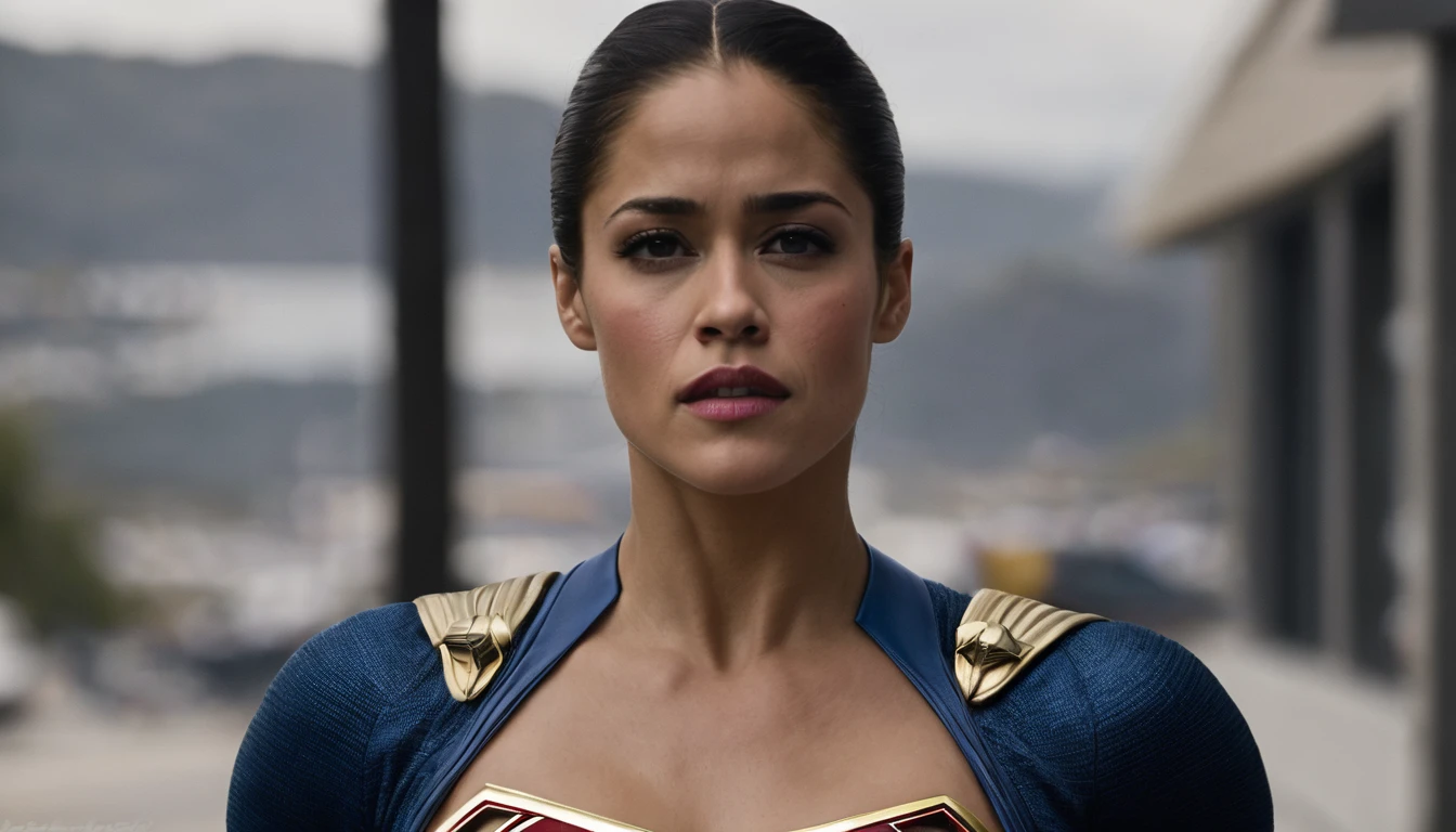 Crossed arms; trusting; ready for battle; Paula Patton Supergirl 1984s movie costume;  HD. Photograph, ((realism)), extremely high quality RAW photograph, ultra detailed photograph, sharp focus, high resolution, (detailed skin:1,3),high quality, film grain, Fujifilm XT3,Highly Detailed, movie, (Cinematic Photo:1.3) of (Realistic:1.3). Super breasts.