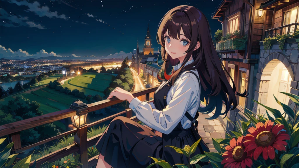 masterpiece,Highest quality,One Girl,The hair color is brown, Eye color: black, smile,countryside,Cityscape,night景,Flowers and plants,scenery,night,Light Perception,soft,