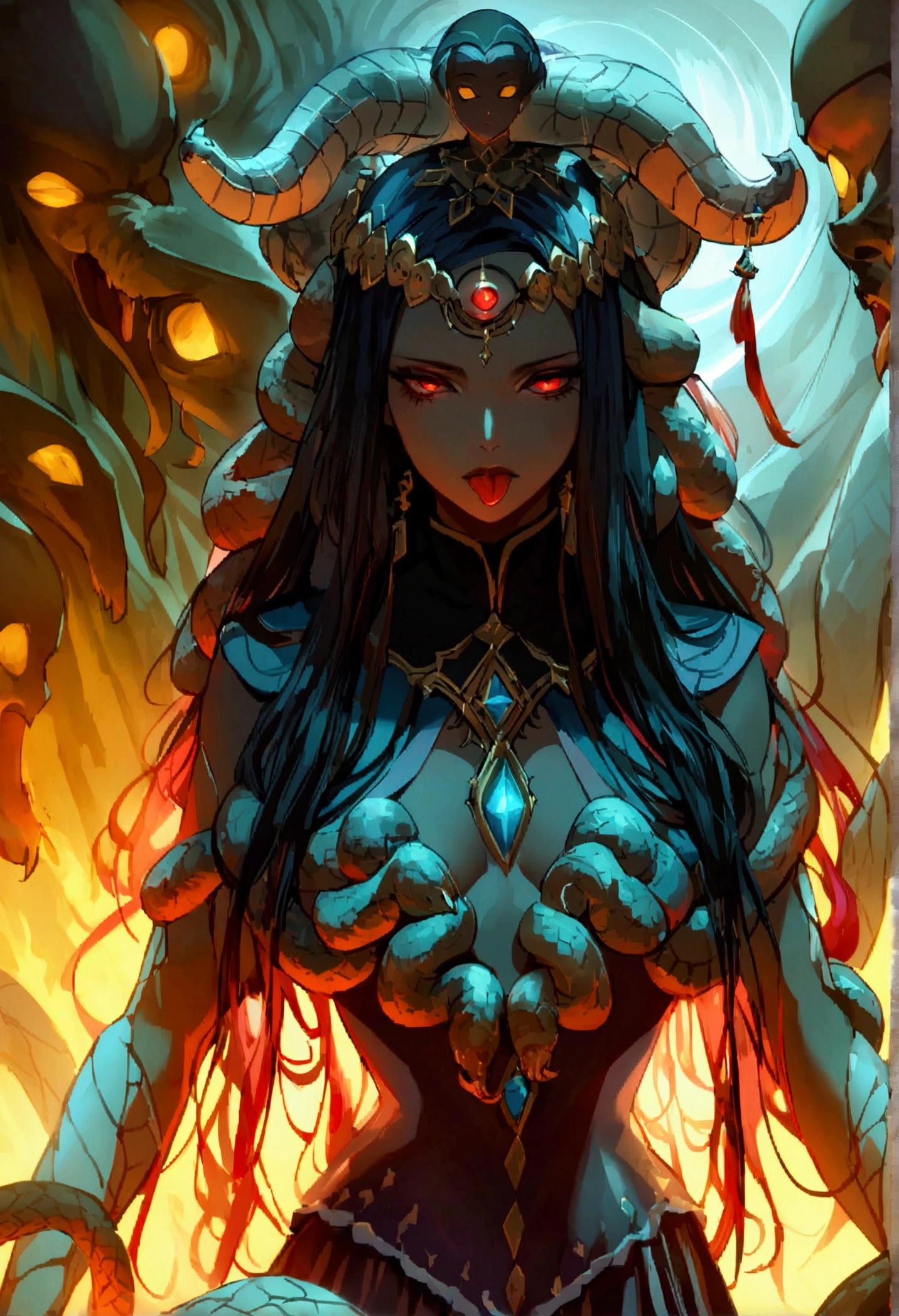 Dark Skin、Four Arms、Terrifyingly、irascible、Kali-like gods、Bloody、Wielding a sword、dance、Destructive、Terrifyingly、Wild、Wild、Powerful、Wearing a wreath of skulls decorated with snakes、Wearing a skirt made from human hands、There is a third eye on the forehead、Long flowing hair、Protruding Tongue、Standing on the defeated enemy、Surrounded by flames、Protective、Merciful、Be considerate and、Maternal、Mysterious and、Sacred and、Cosmic、Omniscient、