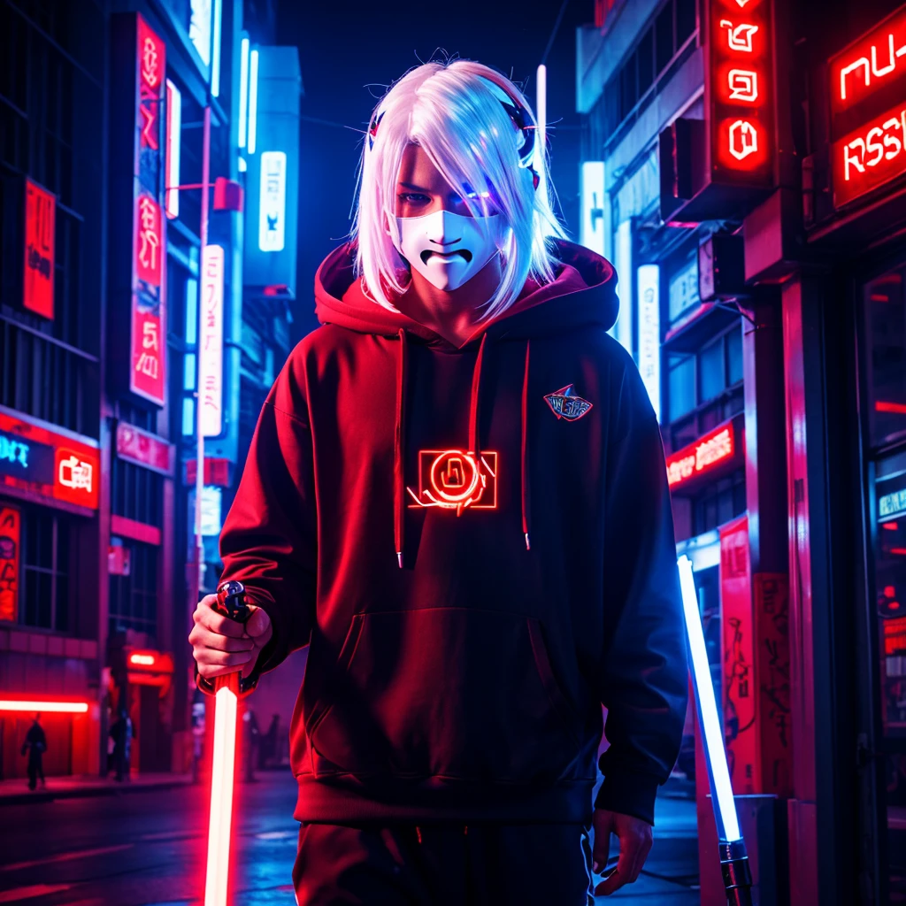A futuristic character with white hair and a mechanical mask, illuminated by red and neon blue lights, wears a red hoodie with the text NOVEMBER CyberClub. They are holding a glowing red katana in a cyberpunk cityscape.