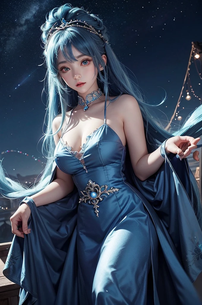Ultra HD、A beautiful blue-haired character、Has a blue crystal、Cute big eyes、close、Red burning cheeks、Night scene with starry sky background、fortune teller、Wearing a gorgeous dress、Subtle details、A fantastic atmosphere、Anime style