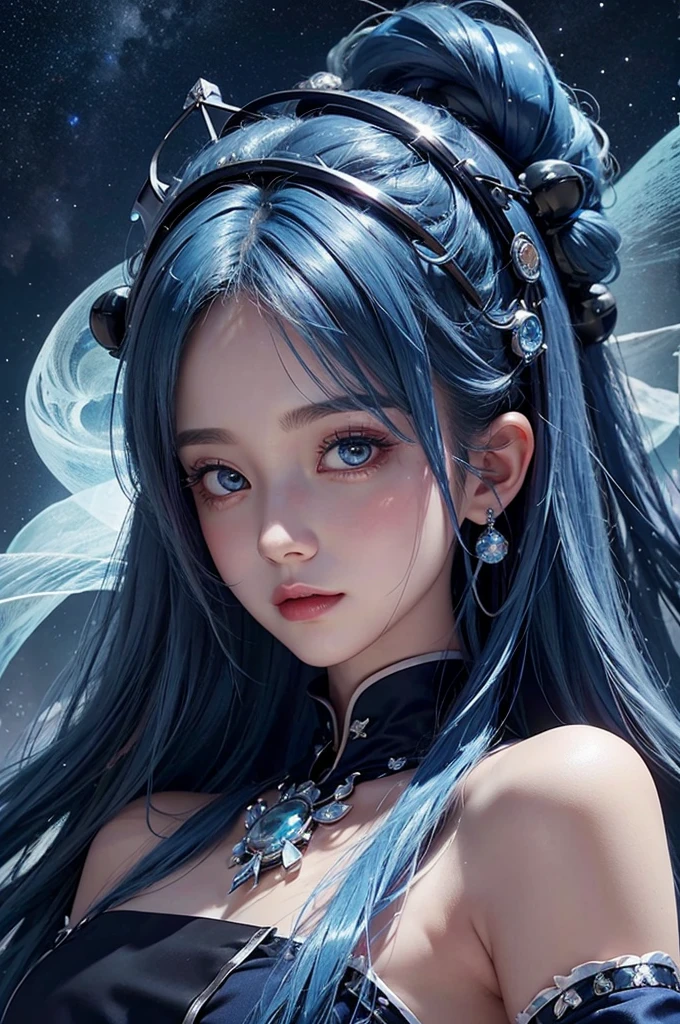 Ultra HD、A beautiful blue-haired character、Has a blue crystal、Cute big eyes、close、Red burning cheeks、Night scene with starry sky background、fortune teller、Wearing a gorgeous dress、Subtle details、A fantastic atmosphere、Anime style